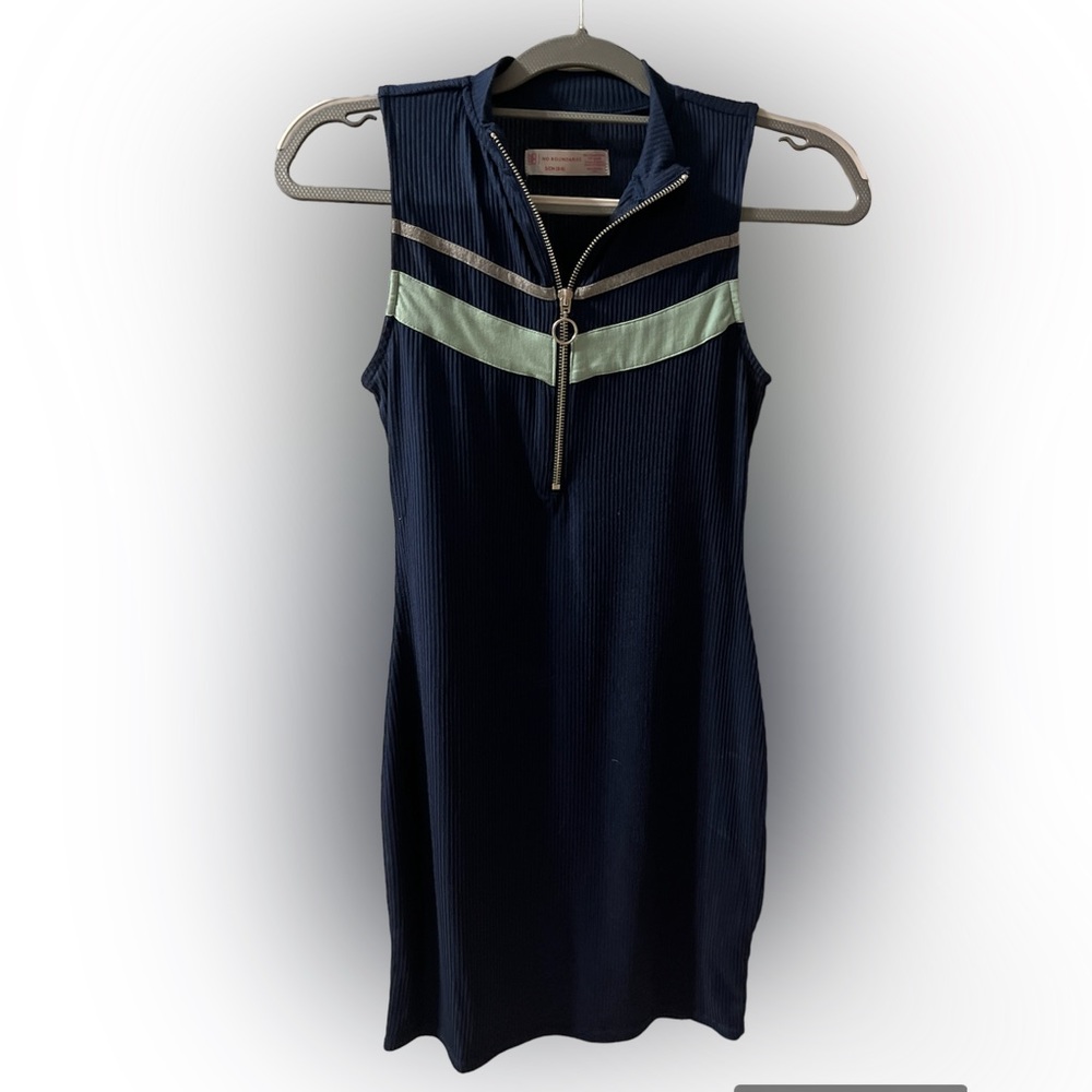 NWOT stunning navy dress w/ front zipper down chest and beautiful detail size S